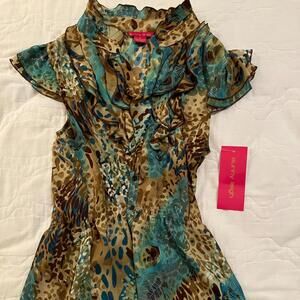 NWT Cheetah Leopard Print M Poet Collar Frilly Gold Turquoise Colorful Top